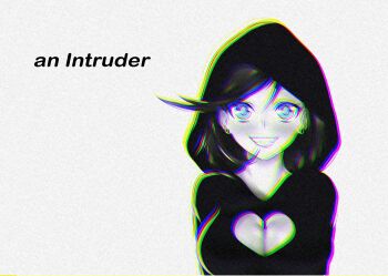 1girl absurdres black_hair blue_eyes breasts chromatic_aberration cleavage cleavage_cutout clothing_cutout ear_piercing english_text girls'_frontline hair_between_eyes heavy_chromatic_aberration highres hood hoodie intruder_(girls'_frontline) large_breasts looking_at_viewer piercing sangvis_ferri sharku_(user_ymua2354) short_hair simple_background smile static