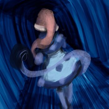1girl abstract blue_dress commentary_request doremy_sweet dress dutch_angle from51572962 from_behind full_body hallway hat highres indoors nightcap red_hat solo tail tapir_girl tapir_tail touhou two-tone_dress vanishing_point white_dress