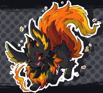 alternate_color alternate_shiny_pokemon animal_focus animal_hands black_border black_fur border colored_sclera fang fire flareon fluffy full_body gen_1_pokemon grey_background highres looking_at_viewer neck_fur nintendo no_humans one_eye_closed open_mouth orange_fur ouroborotter pokemon pokemon_(creature) pokemon_focus red_eyes red_fur red_sclera simple_background solo standing yellow_fur