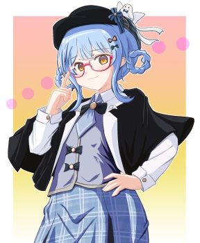 1girl adjusting_eyewear bespectacled black_capelet black_hat blue_hair blue_necktie blue_skirt border braid braided_hair_rings capelet collared_shirt cowboy_shot deerstalker finger_on_eyewear glasses grey_vest hair_rings hand_on_own_hip hand_up hat highres komugi-chan_(soltydogame) long_sleeves looking_at_viewer mahou_shoujo_no_majo_saiban necktie outside_border plaid_clothes plaid_skirt red-framed_eyewear semi-rimless_eyewear shirt short_hair skirt smile solo standing tachibana_sherry under-rim_eyewear vest white_border white_shirt yellow_eyes