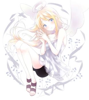 Rule 34 | 1girl, angel, angel wings, bike shorts, bike shorts under skirt, black shorts, blonde hair, blue eyes, blush, closed mouth, crimvael, dress, halo, highres, ishuzoku reviewers, long hair, looking at viewer, lying, on side, saki hajime, sandals, shorts, sidelocks, simple background, white background, white dress, white halo, wings