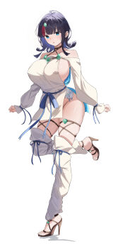 1girl absurdres bare_shoulders black_hair blue_eyes blue_ribbon blush border breasts closed_mouth commentary_request dress fate/grand_order fate/requiem fate_(series) full_body fundoshi gradient_background grey_background hair_ornament highres incredibly_absurdres japanese_clothes large_breasts long_sleeves looking_at_viewer magatama magatama_hair_ornament multicolored_hair pink_hair polearm puffy_long_sleeves puffy_sleeves revealing_clothes ribbon seigaiha shokobr short_dress sideboob sidelocks solo spear streaked_hair thighs two-sided_fabric two-sided_skirt utsumi_erice utsumi_erice_(lancer) weapon white_border white_dress