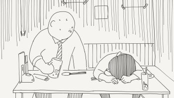 1boy 1girl against_table alcohol bald bar_(place) beer_mug black_hair booth_seating commentary cup drunk greyscale highres horideiyasumi menu mob_face monochrome mug necktie original poster_(object) slumped sweatdrop