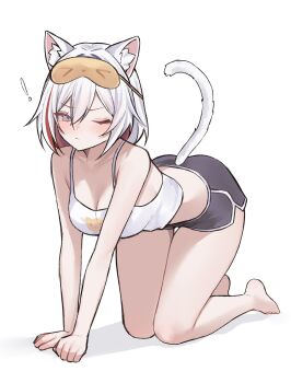! >_< 1girl absurdres all_fours alternate_costume animal_ear_fluff animal_ears bare_shoulders black_shorts blue_eyes breasts camisole cat_ears cat_girl cat_tail cleavage colored_inner_hair commentary dolphin_shorts english_commentary hair_between_eyes hair_intakes highres honkai:_star_rail honkai_(series) kemonomimi_mode large_breasts light_blush looking_at_viewer miclipse multicolored_hair one_eye_closed red_hair shirt short_hair shorts sleep_mask solo streaked_hair tail topaz_(honkai:_star_rail) white_background white_camisole white_hair