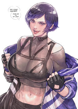 1girl absurdres alternate_breast_size_(larger) belt_collar black_gloves black_hair breasts cirenk cleavage collar colored_tips commentary crop_top english_commentary english_text fingerless_gloves gloves gradient_hair heart heart-shaped_pupils highres huge_breasts jacket licking_lips looking_at_viewer multicolored_hair navel off_shoulder open_clothes open_jacket purple_hair purple_jacket reina_(tekken) revision see-through_cleavage see-through_clothes solo speech_bubble stomach symbol-shaped_pupils teeth tekken tekken_8 toned tongue tongue_out undressing upper_body