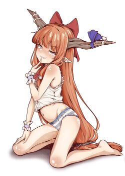 1girl absurdres barefoot blush bow bow_panties crop_top cropped_shirt finger_to_mouth fingernails full_body grin hair_bow hand_up highres horns ibuki_suika kneeling loli long_fingernails long_hair looking_at_viewer low-tied_long_hair midriff navel no_pants nose_blush panties pettan_(zeez4743) pink_eyes pointy_ears red_bow shirt simple_background sleeveless sleeveless_shirt smile solo striped_clothes striped_panties touhou underwear very_long_hair white_background white_shirt wispy_bangs