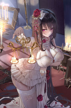 1girl absurdres arm_under_breasts between_breasts black_hair bow breasts broken_glass broken_mirror brooch candle dress flower glass goddess_of_victory:_nikke hair_bow hair_flower hair_ornament highres jewelry large_breasts long_hair mihara_(bonding_chain)_(nikke) mihara_(bonding_chain)_(pain_eater)_(nikke) mihara_(nikke) mirror official_alternate_costume purple_eyes red_flower red_rose rose rossy_(yowayowachimpo) solo sweat thighhighs weighing_scale white_bow white_dress