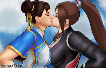 2girls akiman_pose breast_press breasts brown_hair capcom chun-li closed_eyes double_bun ear_piercing fatal_fury fatal_fury:_city_of_the_wolves female_focus hair_bun highres kiss large_breasts long_hair multiple_girls piercing ponytail shiranui_mai short_hair snk street_fighter symmetrical_docking upper_body yuri zugalewd