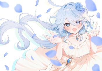 1girl :d absurdres alternate_costume blue_eyes blue_flower blue_gemstone blue_nails blue_petals blue_rose blurry blurry_foreground blush bow choker depth_of_field dress drop-shaped_pupils drop_shadow earrings falling_petals fingernails floating_hair flower frilled_dress frills from_above furina_(genshin_impact) gem genshin_impact hair_between_eyes hair_flower hair_intakes hair_ornament hands_up happy heterochromia highres jewelry long_bangs long_dress long_hair looking_at_viewer mismatched_pupils mochizuki_mochi nail_polish off-shoulder_dress off_shoulder open_mouth pendant pendant_choker petals pinky_ring ring rose rose_petals simple_background smile solo spread_fingers symbol-shaped_pupils vision_(genshin_impact) w_arms waist_bow white_background white_bow white_choker white_dress white_hair