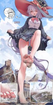 1girl antinomychina bare_arms black_jacket black_skirt blue_archive blue_skirt bow bowtie brown_halo cloud destruction eri_(blue_archive) giant giantess hair_between_eyes halo hat highres jacket long_hair long_sleeves open_clothes open_jacket open_mouth outdoors panties pleated_skirt red_bow red_bowtie shirt skirt smile solo tilted_halo two-sided_fabric two-sided_headwear unbuttoned_jacket underwear very_long_hair white_hair white_panties white_shirt witch_hat