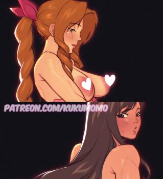 2girls aerith_gainsborough artist_name bare_arms bare_shoulders black_background black_hair blush body_freckles bow braid braided_ponytail breasts brown_hair censored censored_nipples cropped curtained_hair drill_hair drill_sidelocks final_fantasy final_fantasy_vii freckles green_eyes hair_bow hair_intakes heart heart_censor implied_yuri kukumomo large_areolae lips long_hair looking_at_viewer looking_back looking_down medium_breasts multiple_girls open_mouth paid_reward_available parted_lips patreon_username perky_breasts pink_bow ponytail profile red_eyes sidelocks simple_background stitched sweatdrop third-party_edit tifa_lockhart watermark web_address