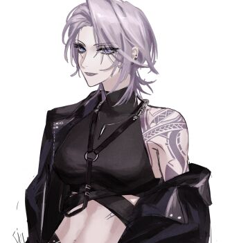 1girl arm_tattoo black_jacket black_shirt blue_eyes chest_harness commentary_request crop_top earclip grey_hair harness highres isakuu jacket jewelry medium_hair necklace off_shoulder open_clothes open_jacket parted_lips path_to_nowhere shirt shoulder_tattoo simple_background sleeveless sleeveless_shirt solo tattoo toned toned_female upper_body white_background zoya_(path_to_nowhere)