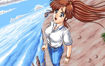 Rule 34 | 1990s (style), 1995, 1girl, belt, bracelet, breasts, brown eyes, brown hair, cliff, cloud, crying, crying with eyes open, denim, hoshi no suna monogatari 3, jeans, jewelry, non-web source, ocean, open mouth, pants, pc-98 (style), pixel art, ponytail, retro artstyle, shima (d.o.), shirt, sky, tears, teeth