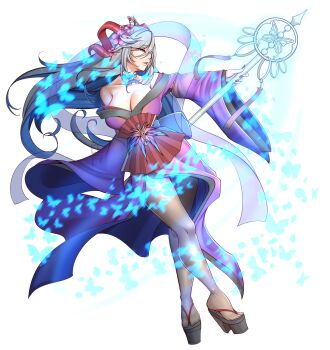 1girl alternate_costume bare_shoulders black_sandals blue_hair breasts bug butterfly cleavage cleru_(cleruuuuu) collarbone colored_inner_hair commentary curled_horns english_commentary fire_emblem fire_emblem_heroes flower freyja_(fire_emblem) full_body goat_horns grey_hair hagoromo hair_between_eyes hair_flower hair_ornament highres holding holding_staff horns insect japanese_clothes kimono large_breasts large_horns legs long_hair multicolored_hair nail_polish nintendo okobo pantyhose platform_sandals purple_kimono red_eyes red_horns red_nails sandals shawl signature staff very_long_hair wide_sleeves