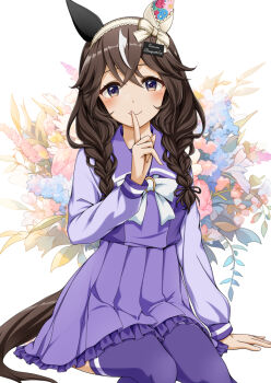 1girl animal_ears blush bow bowtie braid braided_sidelocks breasts brown_hair closed_mouth commentary_request curren_bouquetd'or_(umamusume) ear_covers finger_to_mouth flower grey_eyes hair_between_eyes hairband horse_ears horse_girl horse_tail long_braid long_hair long_sleeves looking_at_viewer low_twin_braids mimimimitsuha mismatched_ear_covers purple_sailor_collar purple_serafuku purple_shirt purple_skirt purple_thighhighs sailor_collar sailor_shirt school_uniform serafuku shirt skirt smile solo tail textless_version thighhighs tracen_school_uniform twin_braids umamusume white_bow white_bowtie white_streaks