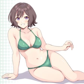 1girl bikini breasts brown_hair cleavage collarbone gakuen_idolmaster green_bikini idolmaster large_breasts looking_at_viewer navel neo_asari ponzu_rui purple_eyes sitting smile solo stomach swimsuit teeth white_background