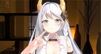 1girl 3d black_choker black_ribbon blue_eyes blush braid breasts choker cleavage closed_mouth commentary_request dress finger_to_cheek frilled_dress frills gradient_eyes highres horns iana_ignosis iana_vlup indie_virtual_youtuber indoors korean_commentary large_breasts long_hair looking_at_viewer multicolored_eyes pout ribbon thinking upper_body v-lup white_dress white_hair yellow_eyes