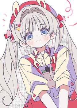1girl apron blue_eyes blush bow closed_mouth collared_shirt grey_hair grey_outline hair_bow hair_intakes hat long_hair looking_at_viewer original outline red_apron red_bow red_hat shirt short_sleeves simple_background smile solo twintails upper_body white_background white_shirt yalmyu