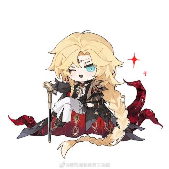 1boy ;d aqua_eyes ascot black_boots black_cape black_shirt blonde_hair boots braid brooch cane cape chibi chibi_only chinese_commentary commentary_request crossed_legs curtained_hair earrings facial_mark frilled_shirt_collar frilled_sleeves frills full_body gem hair_between_eyes head_chain highres holding holding_cane invisible_chair jewelry lars_rorschach lars_rorschach_(dreamland_wonder) long_hair long_sleeves looking_at_viewer lovebrush_chronicles low-braided_long_hair low-tied_long_hair male_focus mark_under_eye neck_ribbon official_alternate_costume one_eye_closed open_mouth pants red_cape red_gemstone ribbon shirt side_braid simple_background single_earring sitting smile solo tassel tentacles two-sided_cape two-sided_fabric very_long_hair watermark weibo_watermark white_ascot white_background white_pants yellow_ribbon zelotupia