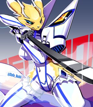 1girl absurdres black_sclera breasts colored_sclera digimon digimon_(creature) furry furry_female highres kill_la_kill renamon stella_hoshii_(artist) sword weapon
