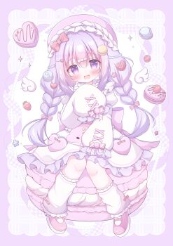 Rule 34 | 1girl, :d, blush, bow, braid, commentary request, cross-laced clothes, cross-laced sleeves, dress, food, frilled dress, frilled hat, frilled sleeves, frills, full body, hair between eyes, hair bow, hanasakichu, hand up, hat, highres, kneehighs, long hair, long sleeves, looking at viewer, macaron, open mouth, original, pink bow, pink hat, pink shoes, purple eyes, purple hair, red bow, shoes, sitting, sleeve bow, sleeves past fingers, sleeves past wrists, smile, socks, solo, striped bow, twin braids, white background, white dress, white socks