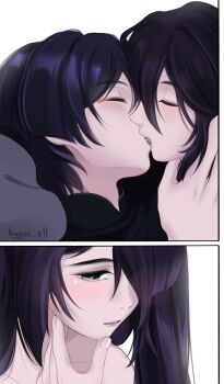 1boy 1girl absurdres aqua_eyes artist_name bare_shoulders black_collar black_hair blunt_ends blush byyou_all closed_eyes collar collarbone couple eyelashes eyeliner eyeshadow facing_another foreplay french_kiss genshin_impact hair_over_one_eye half-closed_eyes hand_on_another's_chin hand_up hetero highres kiss long_hair looking_down makeup mandarin_collar mona_(genshin_impact) parted_lips purple_hair red_eyeliner red_eyeshadow red_lips saliva scaramouche_(genshin_impact) sidelocks teeth tongue twintails upper_teeth_only white_background