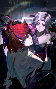 2boys aaayucuntaixianpifa absurdres ahoge alternate_costume aotsuki_eito bath bath_of_blood bathtub bite_mark black_gloves black_hair black_horns black_shirt blood blue_eyes buttons chinese_commentary commentary_request dated eyelashes fang fingerless_gloves glasses gloves grey_hair highres horns indoors male_focus multicolored_hair multiple_boys open_mouth purple_eyes red_hair shirt short_hair signature smile streaked_hair sumino_takumi sweat the_hundred_line_-last_defense_academy- tile_wall tiles two-tone_hair yaoi