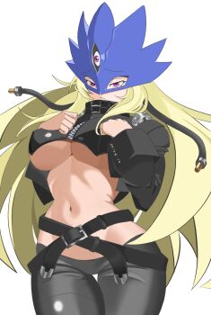 1girl beelstarmon belt black_belt black_coat black_pants black_vest blonde_hair blue_mask breasts closed_mouth coat commentary_request cowboy_shot cropped_vest digimon digimon_(creature) eye_mask frown highres hiro_(hiro1292784) large_breasts leather leather_pants long_hair long_sleeves looking_at_viewer mask navel no_gloves pants partial_commentary sidelocks simple_background solo standing stomach thigh_gap third_eye tight_clothes tight_pants underboob vest white_background zipper