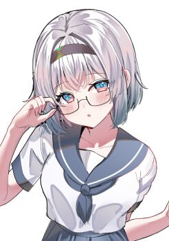 1girl adjusting_eyewear blush brown_hairband collared_shirt commentary devl_ga_aru english_commentary firefly_(honkai:_star_rail) gradient_eyes gradient_hair green_pupils grey_hair grey_neckerchief grey_sailor_collar grey_skirt hair_between_eyes hair_intakes hairband hand_on_eyewear highres honkai:_star_rail honkai_(series) multicolored_eyes multicolored_hair neckerchief pleated_skirt sailor_collar semi-rimless_eyewear shirt short_hair simple_background skirt solo white_background white_shirt