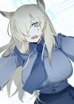 Rule 34 | 1girl, absurdres, animal ear fluff, animal ears, blonde hair, blue archive, blue eyes, blue necktie, blue shirt, blue skirt, blush, breasts, buttons, collared shirt, commentary request, dantyou2525, dress shirt, extra ears, from below, hair between eyes, hair over one eye, halo, highres, kanna (blue archive), large breasts, long hair, necktie, open mouth, pencil skirt, sharp teeth, shirt, skirt, solo, sweat, teeth, upper teeth only, very long hair