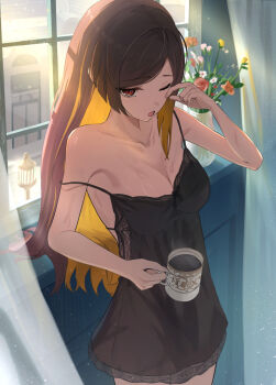 1girl bare_shoulders black_chemise blonde_hair breasts brown_eyes brown_hair chemise chiori_(genshin_impact) coffee coffee_mug collarbone colored_inner_hair commentary_request cowboy_shot cup curtains eyelashes flower genshin_impact hand_up holding holding_cup indoors looking_at_viewer medium_breasts morning mug multicolored_hair oiro_ik one_eye_closed open_mouth rubbing_eyes sleeveless solo strap_slip sunlight two-tone_hair vase window