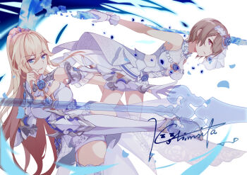 2girls :d absurdres blonde_hair blue_eyes bridal_veil bride brown_hair closed_mouth commentary_request dress durandal_(honkai_impact) durandal_(stellar_promise)_(honkai_impact) hair_between_eyes hair_over_one_eye highres holding holding_polearm holding_weapon honkai_(series) honkai_impact_3rd kolimiya long_hair looking_at_viewer mole mole_under_eye multiple_girls open_mouth polearm ponytail purple_eyes rita_rossweisse rita_rossweisse_(argent_knight:_artemis) rita_rossweisse_(vow_of_roses) scythe signature simple_background sleeveless sleeveless_dress smile spear veil weapon wedding_dress white_background white_dress