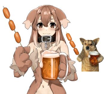 1girl :3 alcohol animal animal_ears animal_hands bare_shoulders beer beer_mug belt belt_buckle belt_collar black_belt black_collar blush body_fur brown_eyes brown_fur brown_hair buckle closed_mouth collar commentary cup dog dog_ears dog_girl dog_paws double-parted_bangs english_commentary floppy_ears foam food hair_between_eyes highres holding holding_cup holding_food holding_stick kobold_(monster_girl_encyclopedia) leiden_yaegore long_hair looking_at_viewer meat monster_girl monster_girl_encyclopedia mug photo-referenced photo_inset reference_inset simple_background smile solo_focus stick straight-on upper_body white_background