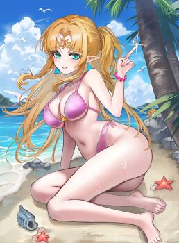 1boy 1girl absurdres bare_shoulders barefoot beach bikini blonde_hair blue_eyes blue_sky blush bracelet breasts cleavage cloud collarbone commentary day earrings elf fingernails hand_up highleg highleg_bikini highres jewelry jyn_jyn large_breasts link long_hair looking_at_viewer navel nintendo outdoors parted_bangs pearl_bracelet pink_bikini pointy_ears princess_zelda sand simple_bird sky solo_focus starfish stomach super_smash_bros. swimsuit the_legend_of_zelda the_legend_of_zelda:_a_link_between_worlds toenails triforce underboob very_long_hair wet