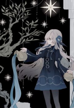 1girl absurdres black_dress black_pantyhose blue_eyes blue_hair commentary_request dress expressionless floating_hair flower grey_hair hair_flower hair_ornament highres isekaijoucho jug_(bottle) kamitsubaki_studio kokonama long_hair multicolored_hair pantyhose pouring profile solo star_(symbol) tree two-tone_hair water