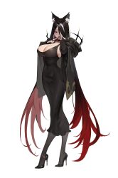 Rule 34 | 1girl, absurdly long hair, absurdres, animal ear fluff, animal ears, anklet, black choker, black coat, black dress, black gloves, black hair, black pantyhose, breasts, bridal gauntlets, choker, cleavage, coat, commentary, covered navel, crossed legs, curvy, dress, duto, full body, gloves, gradient hair, hair over one eye, high heels, highres, hobble dress, jewelry, large breasts, long hair, long legs, looking at viewer, mole, mole on breast, multicolored hair, necklace, open mouth, original, pantyhose, red eyes, red hair, simple background, solo, stiletto heels, straight-on, streaked hair, symbol-only commentary, taut clothes, taut dress, teeth, tongue, tongue out, upper teeth only, very long hair, watson cross, white background, wolf ears
