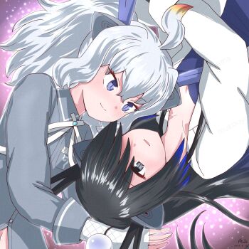 2girls animal_ears black_dragon_(kemono_friends) black_hair blue_hair bow bowtie coat collared_shirt dragon_ears dragon_girl dragon_horns fingerless_gloves fishnet_gloves fishnets gloves gradient_hair grey_eyes grey_shirt hair_between_eyes hair_over_one_eye highres horns japari_symbol kemono_friends lab_coat long_hair long_sleeves midriff_peek mukouyama_mu multicolored_hair multiple_girls navel open_clothes open_coat purple_eyes purple_shirt shirt short_hair short_twintails sidelocks slit_pupils twintails white_bow white_bowtie white_coat white_dragon_(kemono_friends) white_gloves white_hair