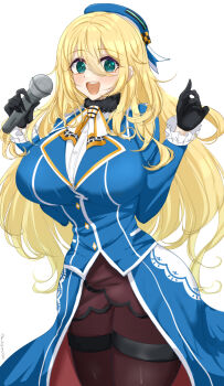1girl ascot atago_(kancolle) beret black_gloves blonde_hair blue_hat blue_jacket blush breasts brown_skirt chamumi_(mochiumee) cowboy_shot fur_collar gloves green_eyes hat highres jacket kantai_collection large_breasts long_hair looking_at_viewer microphone military military_uniform open_mouth pantyhose skirt smile solo white_background