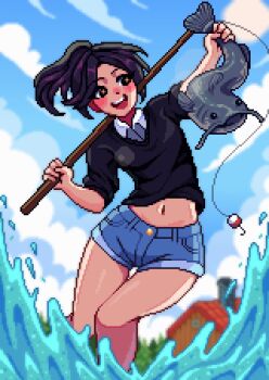 1girl animal artist_self-insert aseprite_(medium) black_eyes black_hair blue_sky blurry blush catfish chimney cloud collared_shirt commentary depth_of_field english_commentary fish fisheye fishing_rod high_ponytail highres holding holding_animal holding_fish holding_fishing_rod long_hair navel open_mouth outdoors pixel_art ponytail purple_hair shirt short_shorts shorts sky solo stardew_valley thigh_gap tree water white_shirt window yumykon yumykon_(yumykon) yumyverse
