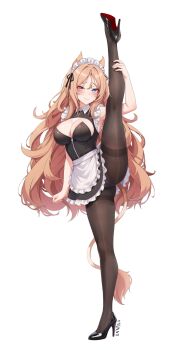 1girl absurdres alternate_costume animal_ears apron archetto_(arknights) arknights black_dress black_pantyhose blue_eyes breasts cleavage commentary_request dress heterochromia high_heels highres large_breasts long_hair maid maid_apron maid_headdress orange_hair panties pantyhose red_eyes smile solo split standing standing_on_one_leg standing_split underwear variant_set very_long_hair white_apron xnnagu