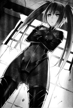 1girl aged_up bodysuit breasts crack cracked_wall crossed_arms dim_lighting dutch_angle frown greyscale highres ikeda_yasuhiro imageboard_desourced long_hair looking_at_viewer medium_breasts monochrome non-web_source official_art ringed_eyes scan science_adventure solo steins;gate tennouji_nae twintails window
