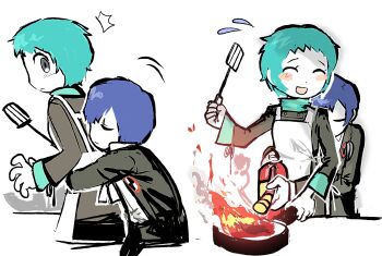1boy 2boys apron aqua_hair blue_hair blush burning closed_eyes cooking fire fire_extinguisher gekkoukan_high_school_uniform grey_eyes hetero holding holding_spatula hug hug_from_behind long_sleeves looking_at_another multiple_boys open_mouth pamkina persona persona_3 school_uniform short_hair simple_background smile spatula standing white_background yamagishi_fuuka yuuki_makoto_(persona_3)