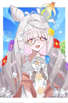 1girl blue_flower blush brown_scarf collarbone commentary_request cone_hair_bun dress fate/grand_order fate_(series) field flora_(fate) flower flower-shaped_pupils flower_field flower_hairband green_eyes grey_hair hair_bun hair_flower hair_ornament highres long_hair looking_at_viewer monocle open_mouth pink_eyes purple_flower red_flower scarf smile solo symbol-shaped_pupils tanuki_os white_dress white_flower yellow_flower