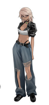 1girl absurdres baggy_pants belt black_bra black_choker black_jacket black_panties black_shoes blonde_hair bra bra_peek breasts brown_eyes choker clover commentary commentary_request cropped_jacket dark-skinned_female dark_skin execneet expressionless four-leaf_clover full_body guilty_gear high-waist_panties highres jacket leather leather_jacket looking_at_viewer medium_breasts medium_hair midriff navel panties pants ramlethal_valentine shoes simple_background sleeves_rolled_up solo strapless torn_clothes torn_pants tube_top underwear white_background white_tube_top