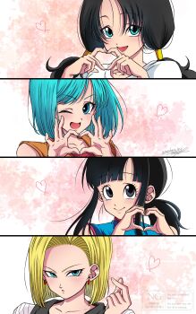 Rule 34 | 4girls, absurdres, android 18, aqua eyes, aqua hair, black hair, blonde hair, blue shirt, blunt bangs, blunt ends, bulma, chi-chi (dragon ball), closed mouth, collarbone, dragon ball, earrings, grey eyes, heart, heart hands, highres, jewelry, kazehare 1216, light blush, long hair, low twintails, multiple girls, one eye closed, open mouth, orange shirt, parted bangs, parted lips, shirt, short hair, smile, twintails, twitter username, upper body, videl, white shirt