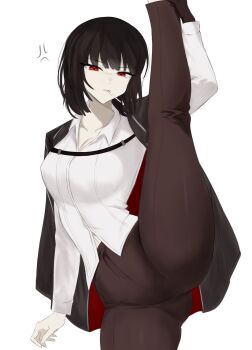 1girl absurdres cigarette flexible highres holding_own_leg leg_hold leg_lift leg_up limbus_company pmlbtmlorlc project_moon ryoshu_(project_moon) simple_background smoking solo split standing standing_on_one_leg standing_split white_background