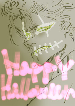 1boy 2023 bleach english_text espada grimmjow_jaegerjaquez grin happy_halloween hollow_mask kubo_tite looking_at_viewer male_focus official_art simple_background smile spiked_hair teeth upper_body