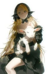 Rule 34 | 1girl, absurdres, animal, asymmetrical bangs, bare shoulders, black dress, blonde hair, breasts, collarbone, detached sleeves, dress, dungeon meshi, duoj ji, fur trim, goat, green eyes, head scarf, highres, holding, holding animal, long dress, long hair, marcille donato, marcille donato (lord), medium breasts, mini wings, signature, sitting, sleeves past wrists, solo, strapless, strapless dress, white background, wings