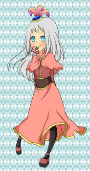 Rule 34 | 1girl, acolyte (ragnarok online), argyle background, arms behind back, black pantyhose, blue background, blue eyes, blush, brown shirt, brown shoes, capelet, closed mouth, commentary request, flower, flower in mouth, full body, grey hair, long hair, long sleeves, looking at viewer, meiko (nattu303), pantyhose, pink capelet, pink flower, pink skirt, ragnarok online, shirt, shoes, skirt, smile, solo
