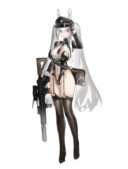 1girl absurdres animal_ears black_hat black_leotard black_necktie black_shoes black_shrug black_thighhighs breasts full_body gun hand_up hat high_heels highres holding holding_gun holding_weapon large_breasts legs leotard long_hair long_sidelocks long_sleeves looking_at_viewer lump_saury navel necktie original red_eyes see-through_clothes see-through_leotard shoes shrug_(clothing) sidelocks simple_background solo standing tachi-e thighhighs thighs twintails weapon white_background white_wrist_cuffs wrist_cuffs